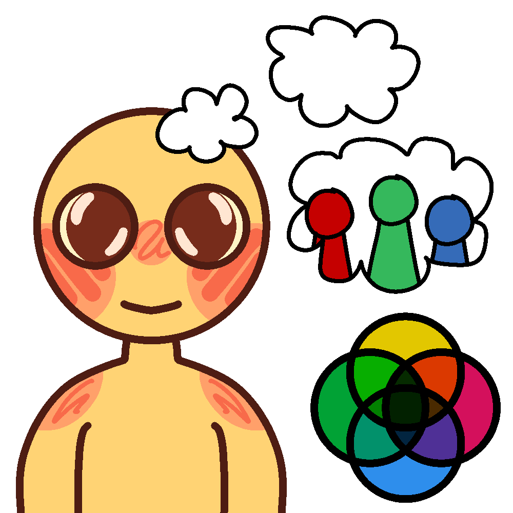 A basic yellow emoji-figure with big brown eyes and red-blush effects on their cheeks and shoulders stare a the camera. They have a thought bubble showing that they are thinking of their system, which are represented by red green and blue figures. Beneath the thought bubble, there's the emmenegards plural rings (which is a venn diagram with yellow, green, pink, and blue parts that overlap in colour)